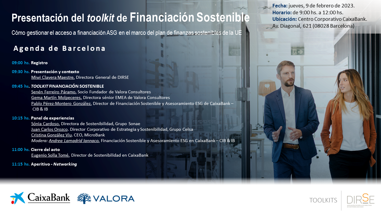 Presentación del toolkit DIRSE de Finanzas Sostenibles por CaixaBank y Valora (Barcelona)