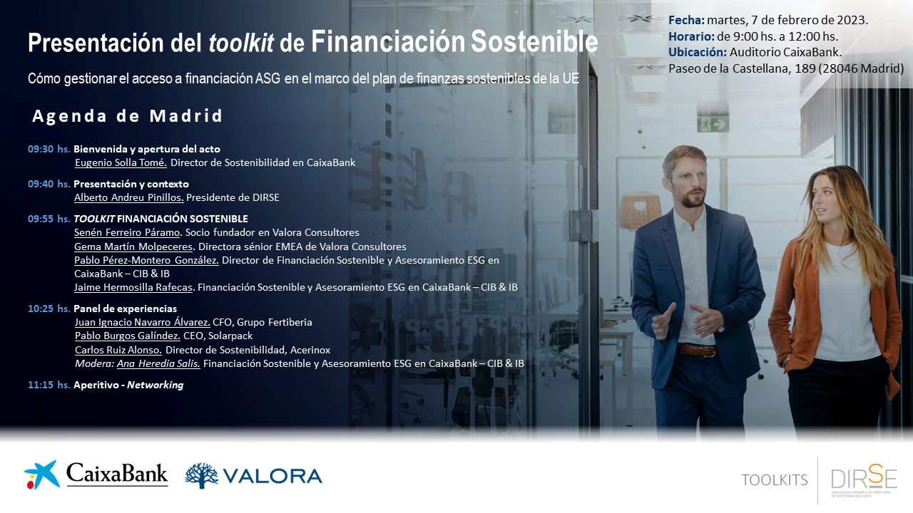 Presentación del toolkit DIRSE de Finanzas Sostenibles por CaixaBank y Valora (Madrid)